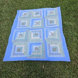 Vintage Log Cabin Lap Quilt stripe logcabin block squares blue green crib quilt